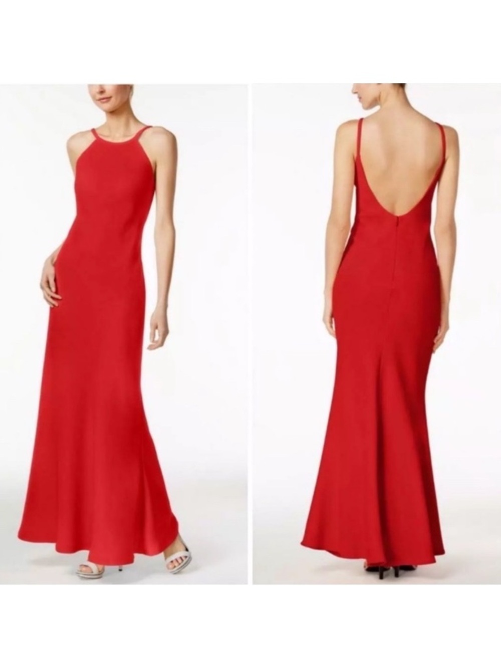 CALVIN KLEIN Halter Neck Size 4 Red Crepe Floor Length Maxi Gown Prom Dress